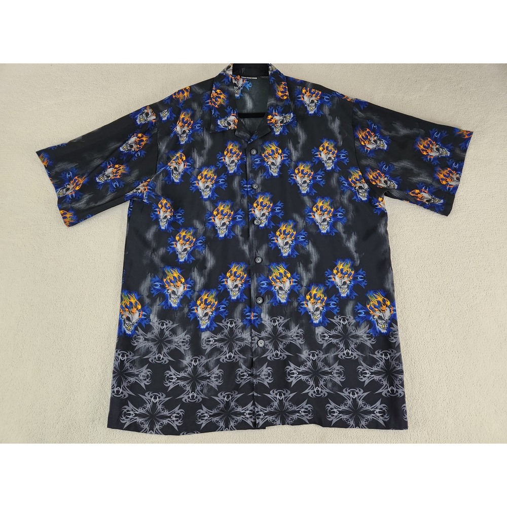 odo Men's Y2K Button Down Short Sleeve Skull Shirt Black XL Biker Streetwear